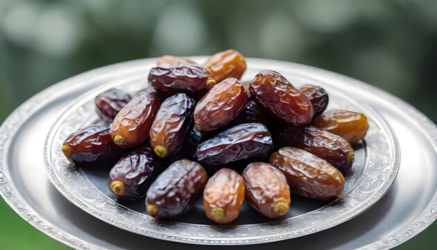Dates-on-a-silver-plate-decoration--blur-nature-background--food-for-Ramadan