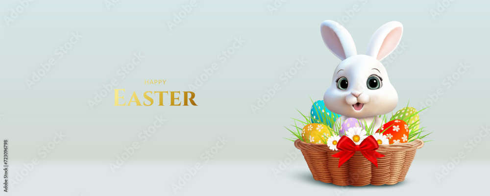 Wall mural easter bunny with basket and eggs.