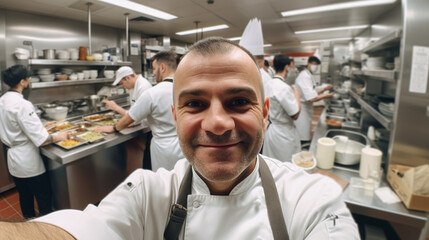 selfie shot on iPhone 12 Pro Max, of chef in a busy restaurant kitchen taking a selfie, snapshot realism, emphasis on facial expression