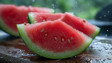 Watermelon cut have red pulp many pieces on raining background. For Fruit store, supermarket, restaurant