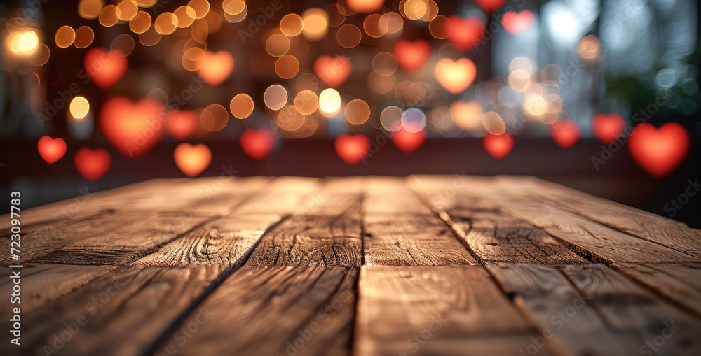 Poster Empty wooden table with blurred background, Heart-shaped bokeh lights, valentine day. Generative AI.