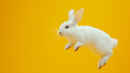 White rabbit fly on yellow background. Cute bunny jumping.