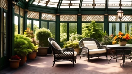 Victorian conservatory with wrought iron furniture.