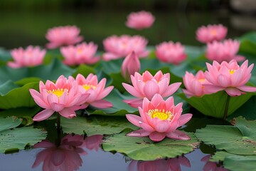 Pink Water Lilies Blooming on a Calm Pond