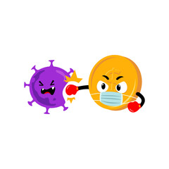 Money coin mascot character attacking corona virus. Currency fights covid-19. Coin kills 2019-ncov