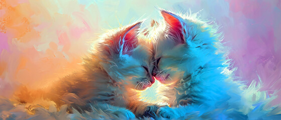 Two cute kittens on a pink and blue blanket