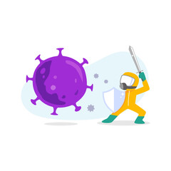 Scientist with gas mask fight corona virus from spreading with shield and sword concept illustration
