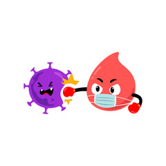 Blood mascot character attacking corona virus. Bloods fights back covid-19. Bloods kills 2019-ncov