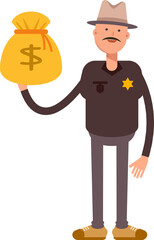 Sheriff Character Holding Dollar Sack
