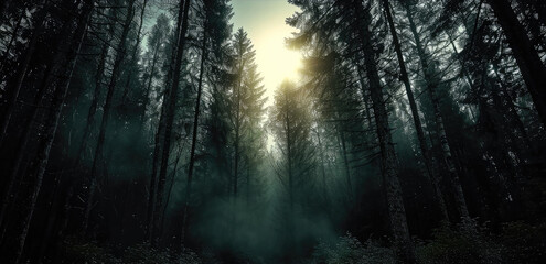 Fototapeta premium Dramatic, epic, dark light shining through the bright darkness of the dark Black Forest of light and darkness. Generative AI.