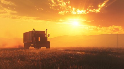 Fototapeta premium Cargo truck driving through landscape at sunset