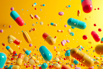 Various flying medicines in capsules and pills on a light yellow background, copy space for text