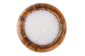 Wooden bowl with white sugar isolated on white background