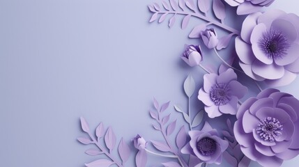 Abstract paper cut flowers. Spring concept. Frame template for decoration, invitation, greeting card with copyspace for your text. Purple colored. - obrazy, fototapety, plakaty