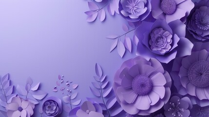 Abstract paper cut flowers. Spring concept. Frame template for decoration, invitation, greeting card with copyspace for your text. Purple colored.