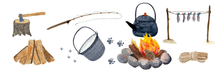 Watercolor camping bonfire wood border isolated on white