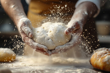 Fototapeta premium Man hand preparing bread dough on the table in a bakery