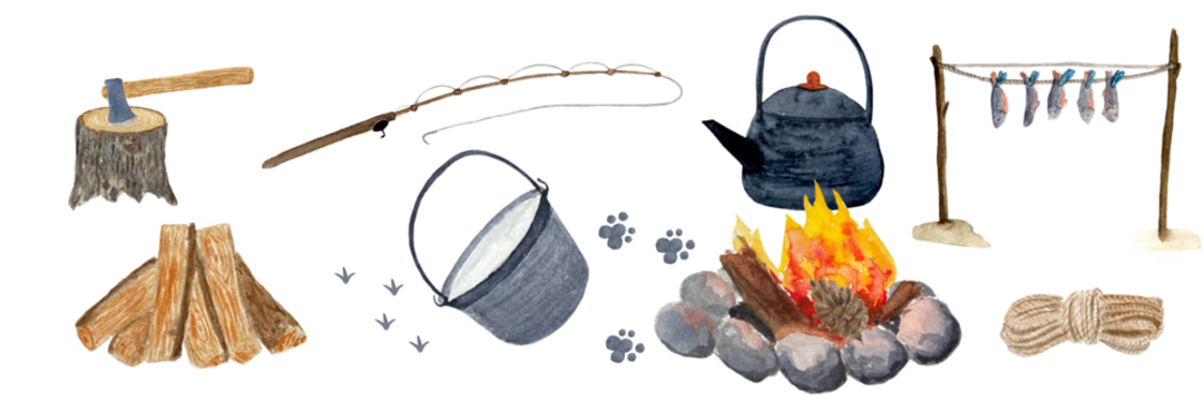 Watercolor camping bonfire wood border isolated on white