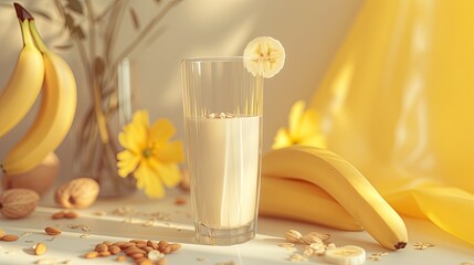 A delightful combination of freshly squeezed banana juice and ripe bananas, bursting with flavor and vitality. - obrazy, fototapety, plakaty