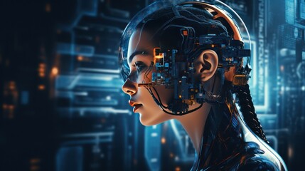 Fototapeta premium Woman's robotic cyborg head with hologram screen effect, humanoid machine future technology background wallpaper.
