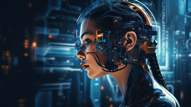 Woman's robotic cyborg head with hologram screen effect, humanoid machine future technology background wallpaper.