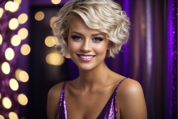 festive makeup cheerful blond woman with short hair in purple room