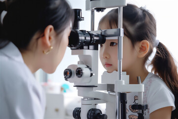 Asian Female ophthalmologist checks the eyesight of a preschool kids