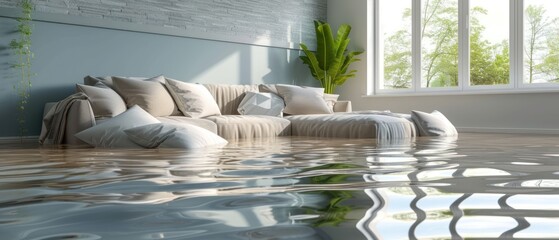 Home floor submerged in water, highlighting water damage and potential issues - obrazy, fototapety, plakaty