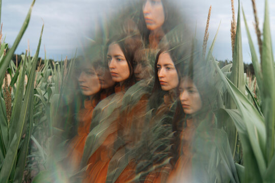 Multiple image of thoughtful woman in corn field