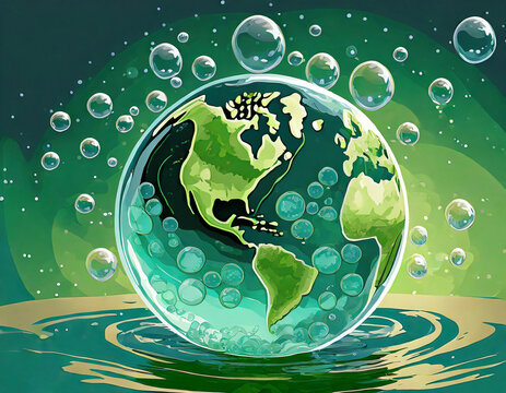 planet earth in the form of a globe in transparent green water and soap bubbles