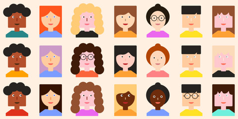 set of women in different colors. Face icon set of various people, Vector image 