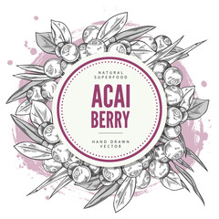 Decorative round frame with hand drawn acai berries and leaves