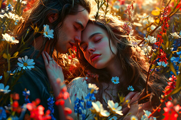 A young couple in fairytale outfits stands hugging in a fairytale blooming forest, king and queen of a school ball, valentine's day or wedding