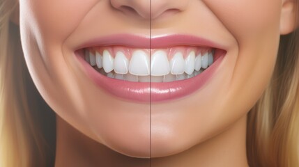 Before and after photo of dental care, close up view of clean teeth of woman smiling at dentist and beauty clinic background.