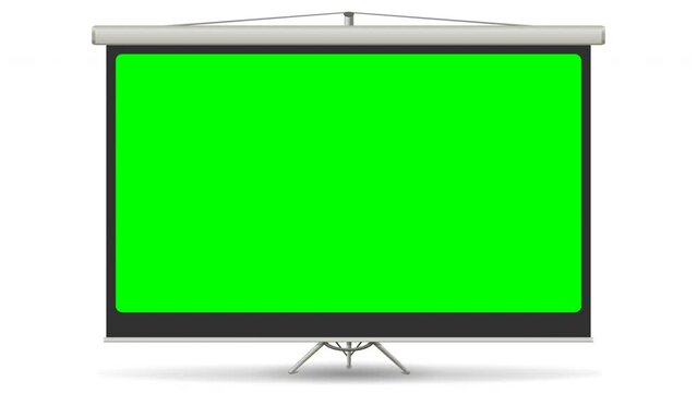 Animation of opening and closing a projection screen on foldable stand with green screen on white background, transparent with alpha channel