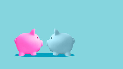 Two piggy banks. Relationships and finances. Valentine's Day. Banking, savings and deposits. Starting a life together and a shared budget for spending. Resolving financial issues when living together