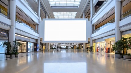 Large blank white horizontal billboard banner or advertisement poster displayed in a moll or shopping center, no people, nobody. Empty mockup board indoors for commercial, framed screen space - obrazy, fototapety, plakaty
