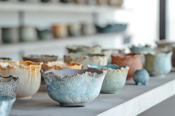 Fototapeta premium Multi-colored pottery pottery, bowls, cups covered with blue blue and brown glaze.