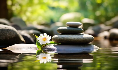 Zen stones and water in a peaceful green garden, relaxation time, wellness and harmony, massage and...