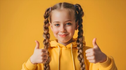 Cute young girl smiling and showing a thumbs up or like sign or gesture with her hands. Little female preschooler wearing yellow hoodie, studio photography. Positive or ok sign, approval symbol