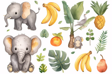 A charming illustration collection of watercolor baby elephants, tropical fruits, and foliage, ideal for children's educational materials or nursery wall art.