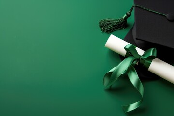 A traditional black graduation cap with a vibrant Gree tassel is paired with a white diploma tied with a gree ribbon. The bold contrast against a deep green background