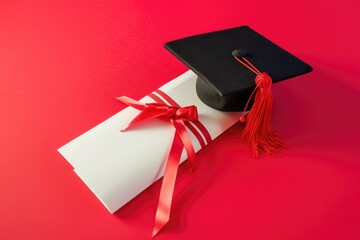 A traditional black graduation cap with a vibrant red tassel is paired with a white diploma tied with a red ribbon. The bold contrast against a deep red background emphasizes the ceremonial significan