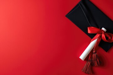 A traditional black graduation cap with a vibrant red tassel is paired with a white diploma tied with a red ribbon. The bold contrast against a deep red background emphasizes the ceremonial significan