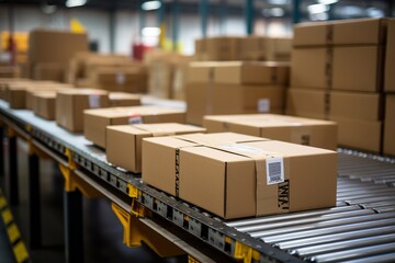 Box packages on conveyor belt.