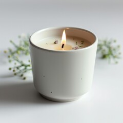 Fototapeta na wymiar Scented candle in oversized cylindrical cup, pure white background, simple decoration. Generative AI.