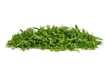 Fresh vegetarian arugula salad, isolated on white background. High resolution image.