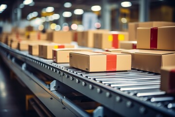Box packages on conveyor belt.