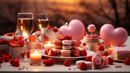 Valentine's day and love concept. Table setting decorated for romantic dinner.