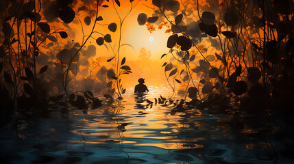 Silhouetted leaves dance in the sea's shadowy embrace, a poetic fusion of nature and water